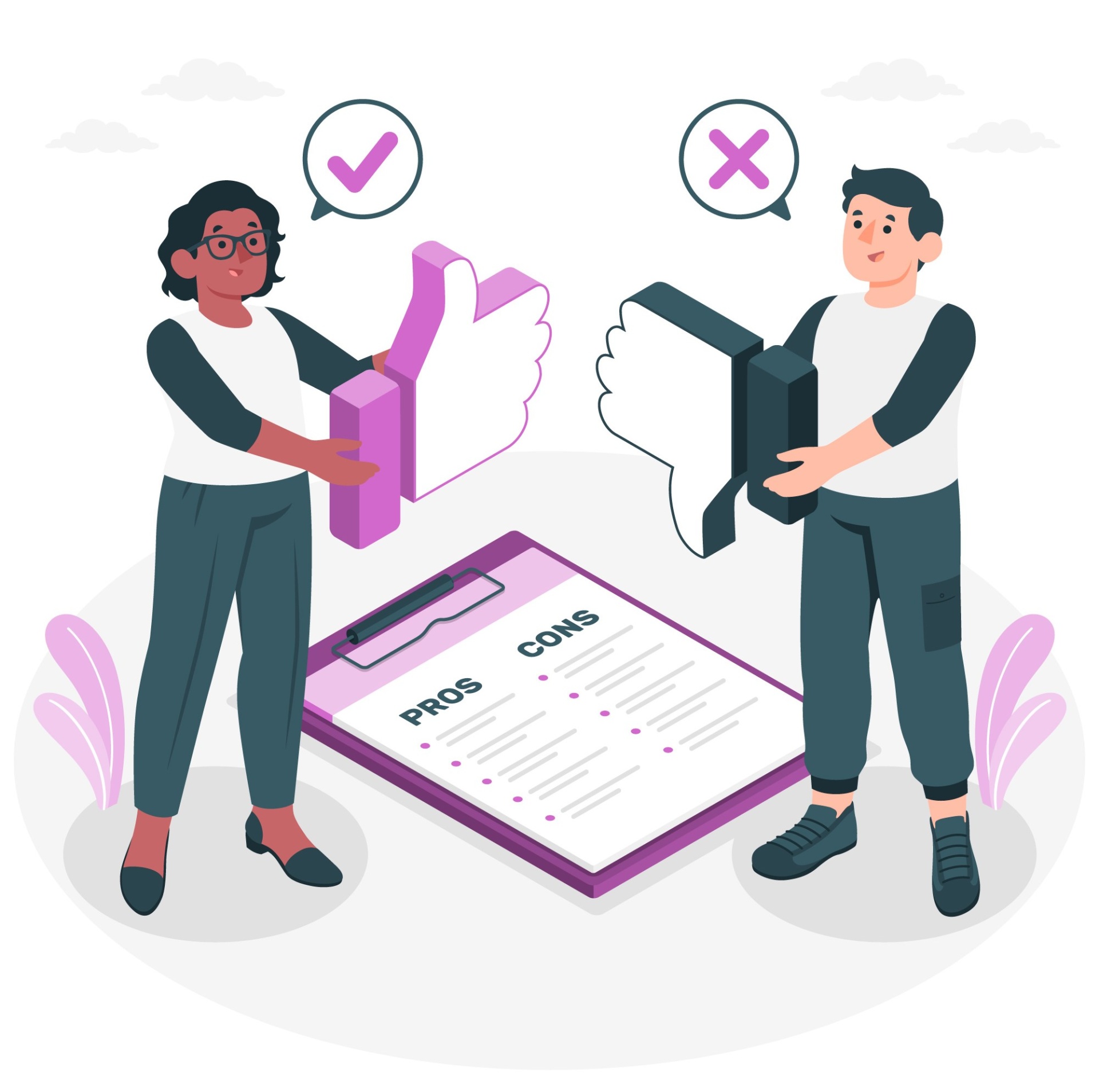 Duas pessoas segurando ícones de polegar para cima e para baixo ao lado de clipboard com lista de prós e contras
