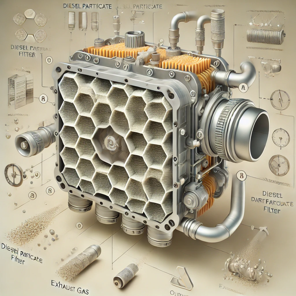 Filtro de partículas diesel metálico com estrutura hexagonal, componentes laranja e texto técnico ao redor