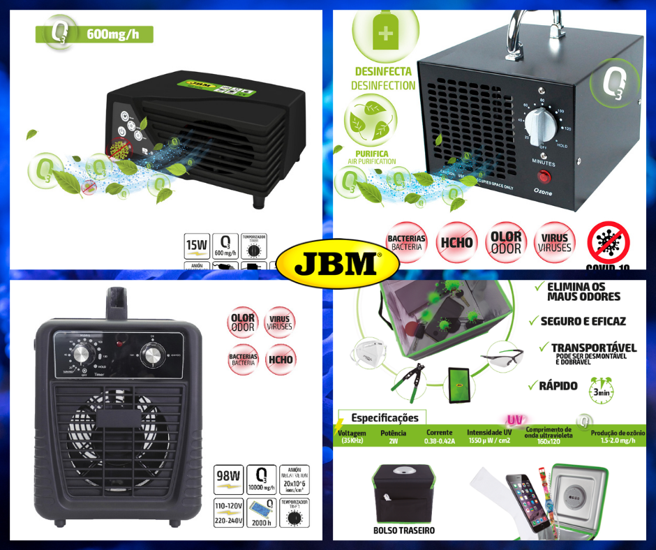 Vários dispositivos pretos de desinfeção do ar com indicações técnicas e ecológicas