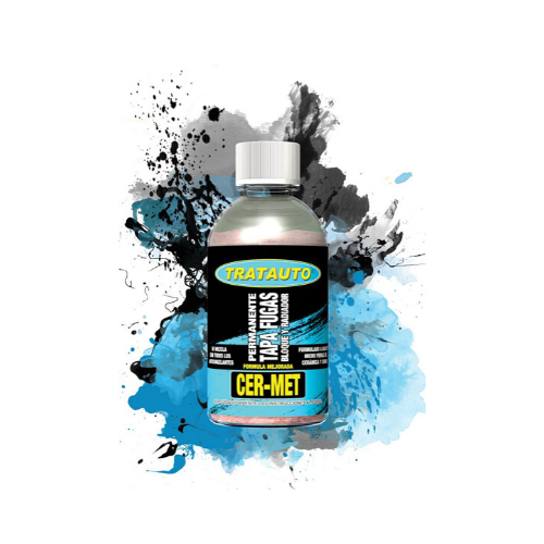 Frasco de produto químico com rótulo azul, preto e amarelo sobre fundo artístico