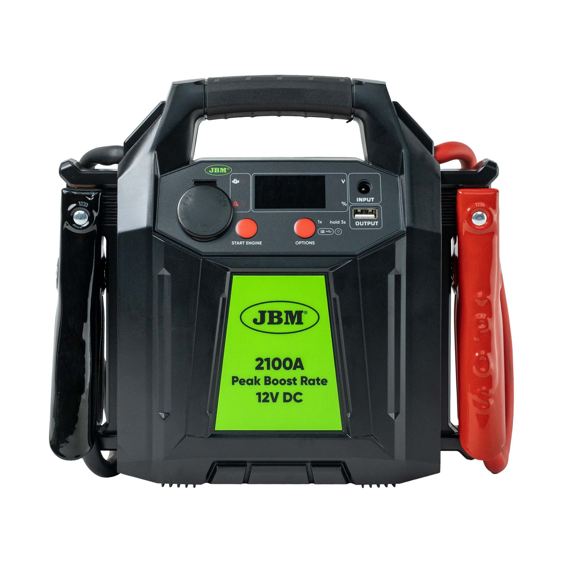 ARRANCADOR DE VEÍCULOS MULTIFUNÇÕES COM BATERIA DE LÍTIO JBM (Ref. 55019) Carregador e booster de bateria JBM 2100A preto com detalhes verdes e botões vermelhos e garras de bateria preta e vermelha