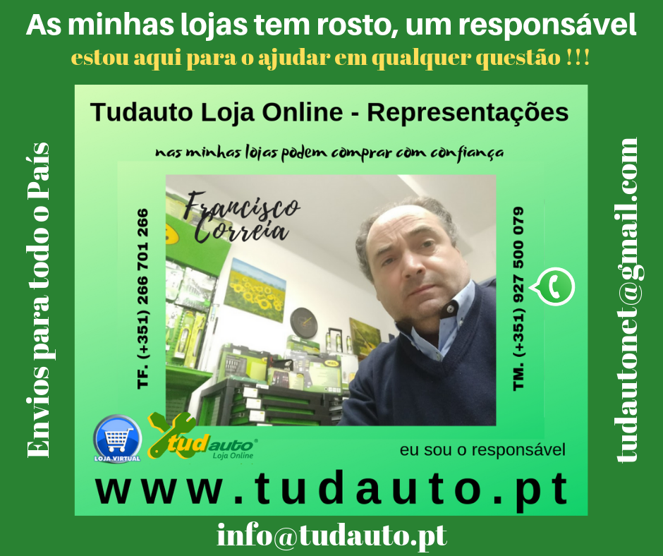 Anúncio verde de loja online Tudauto com foto de homem e contatos