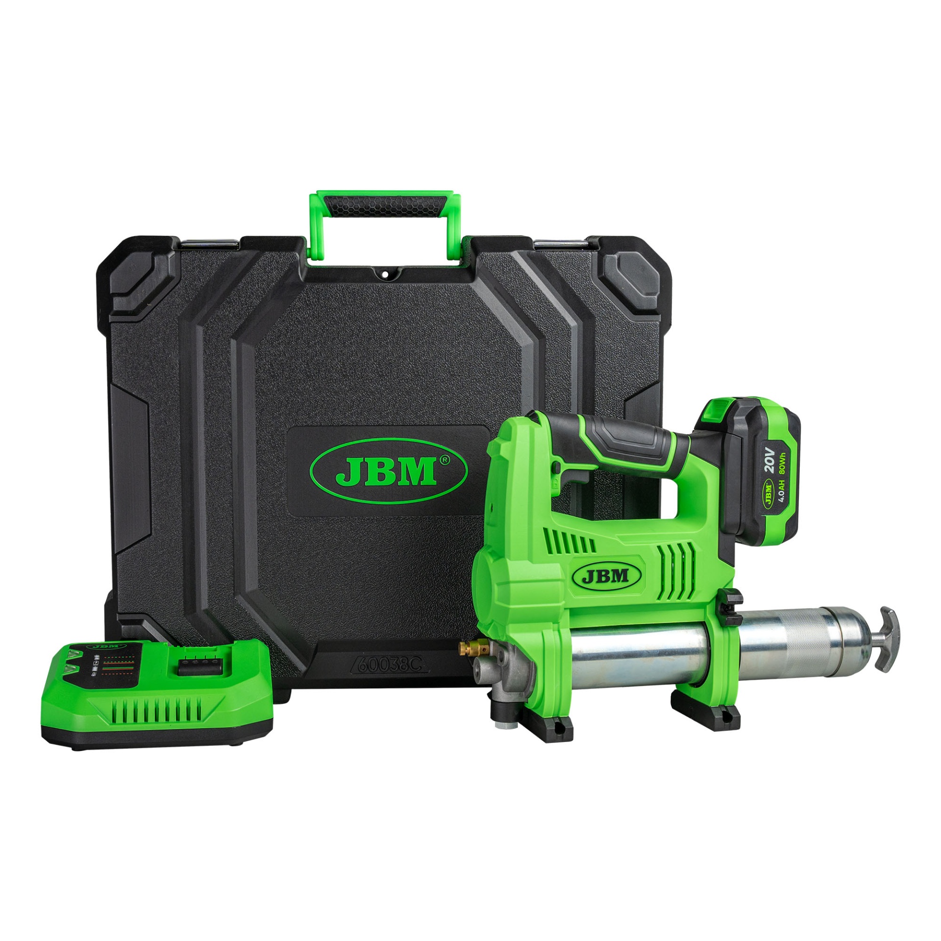 PISTOLA DE LUBRIFICAÇÃO PNEUMÉTICA ELLÉTRICA COM MALA | 60038C Aplicador de massa elétrica verde JBM com estojo rígido preto e carregador