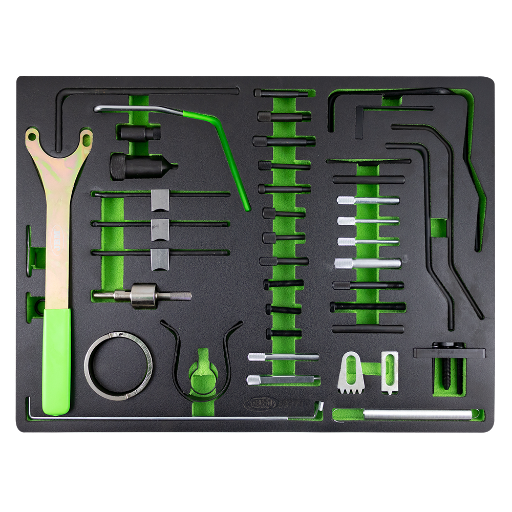 KIT DE BLOQUEIO FIAT, FORD, CITROËN, PEUGEOT, JBM 53771 Conjunto de ferramentas automóvel com punhos verdes organizadas numa base preta com encaixes verdes