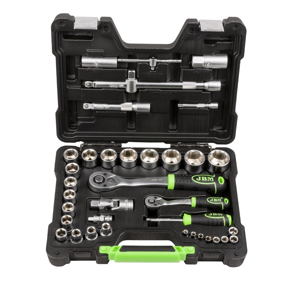 CAIXA DE FERRAMENTAS DE 37 PEÇAS EM POLEGADAS 54106 Conjunto de ferramentas JBM com chaves de catraca e soquetes em caixa preta com pega verde