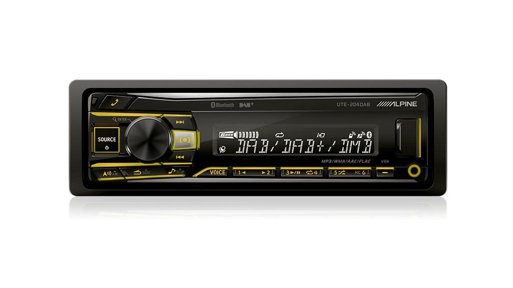 Autorradio Digital com DAB / BLUETOOTH / AUX / USB / FLAC UTE-204DAB rádio automóvel Alpine preto com visor digital branco e detalhes amarelos