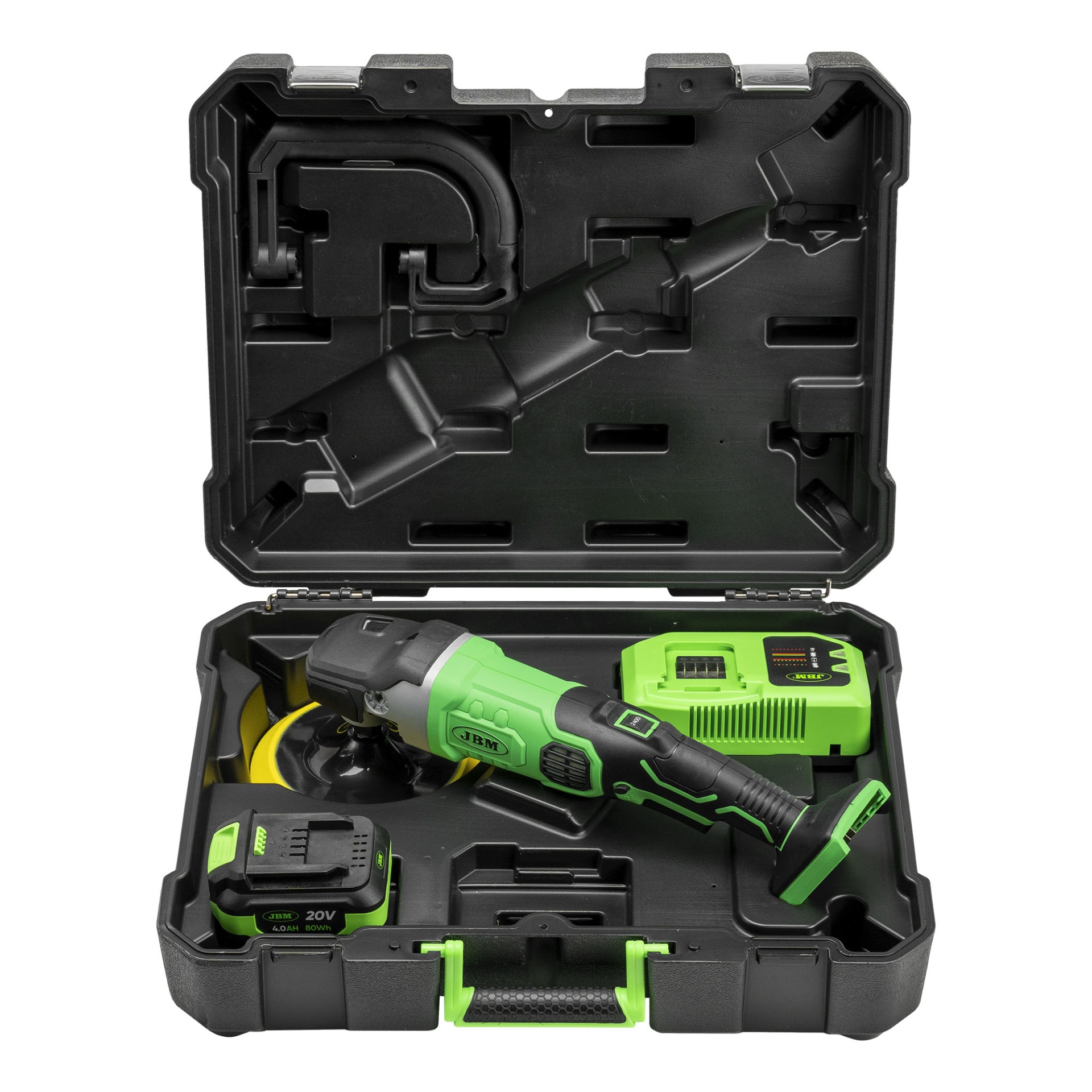 POLIDORA ELÉCTRICA BRUSHLESS EM CONJUNTO JBM | 60009 Mala preta com esmerilhadora verde, baterias e carregador