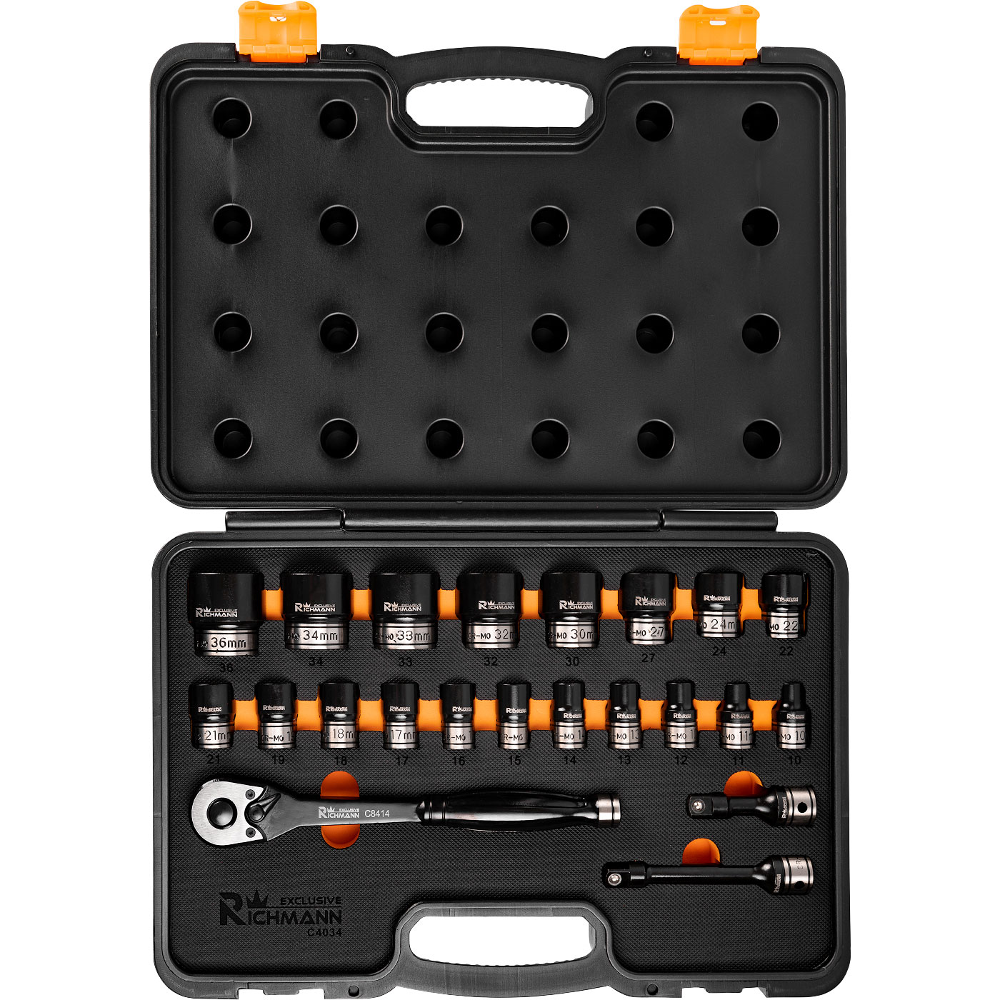Jogo roquete e chaves de impacto com 22 chaves 1/2" C4034 Conjunto de ferramentas em estojo preto com fechos laranja e várias peças