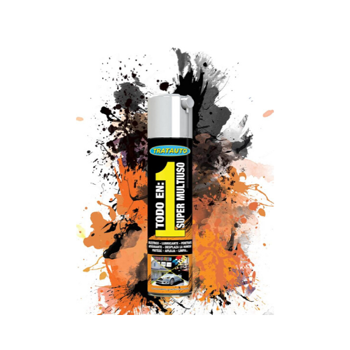 Spray multiusos com rótulo preto, amarelo e azul, fundo de manchas de tinta coloridas