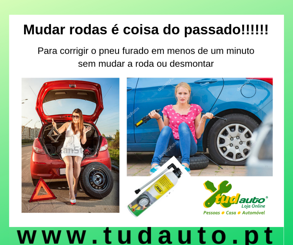 Promoção de kit para reparar pneus com imagens de mulher, carro e ferramentas