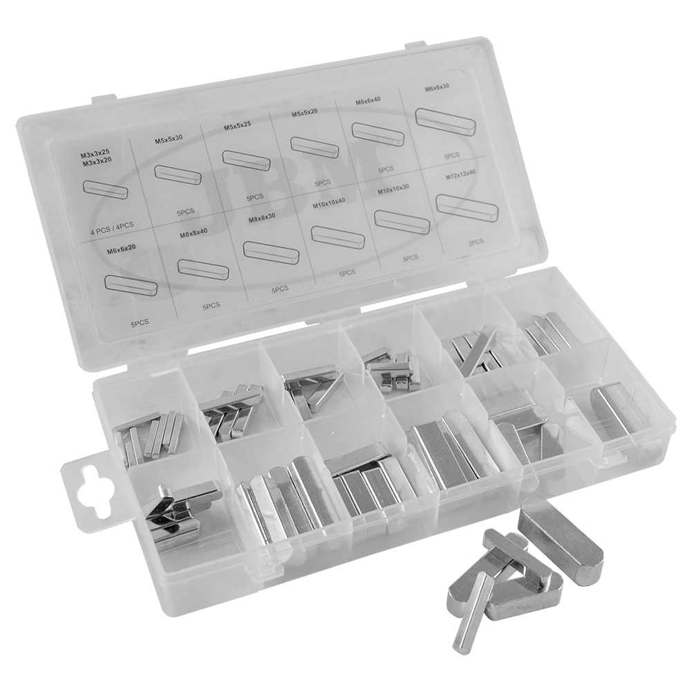 CONJUNTO DE CHAVETAS (CUNHAS) DIVERSAS | JBM 53364 Caixa organizadora transparente com peças metálicas retangulares