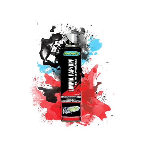 Frasco preto do produto LIMPA FAP/DPF com rótulo colorido e fundo artístico colorido