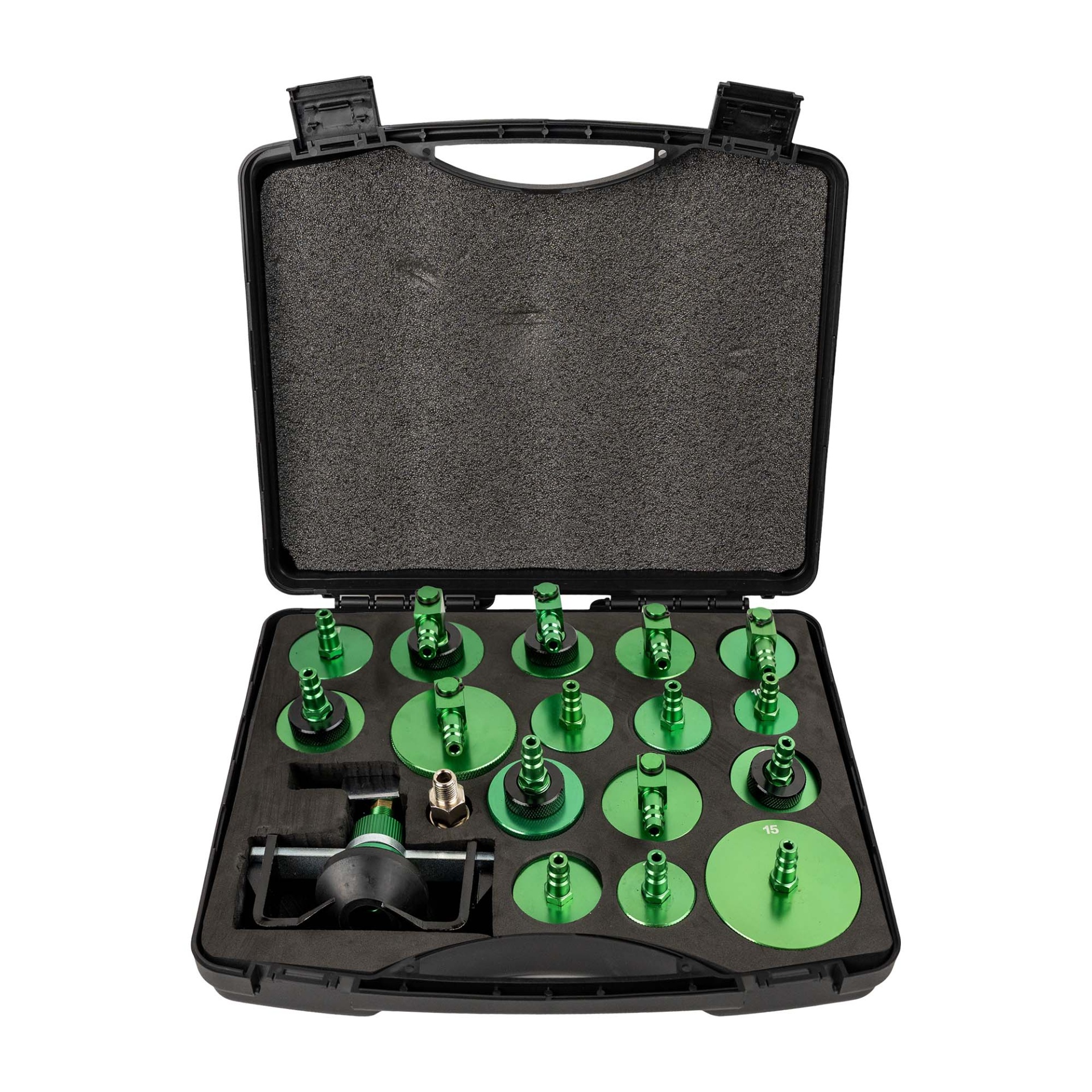 CONJUNTO DE ADAPTADORES PARA SANGRADORES DE TRAVÕES | JBM 54903 Estojo preto com adaptadores metálicos verdes e pretos de vários tamanhos