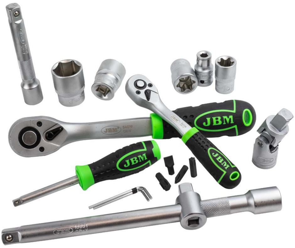 Conjunto de ferramentas JBM com cabos preto e verde e vários acessórios de metal
