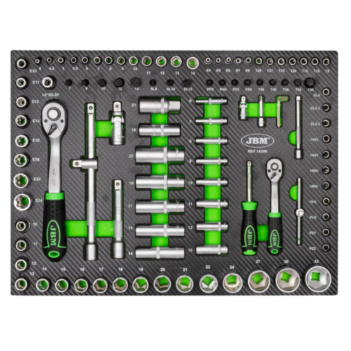 MÓDULO CARBONO 108 FERRAMENTAS JBM 14296 Conjunto de ferramentas JBM com chaves de soquete cromadas e punhos verdes em base preta