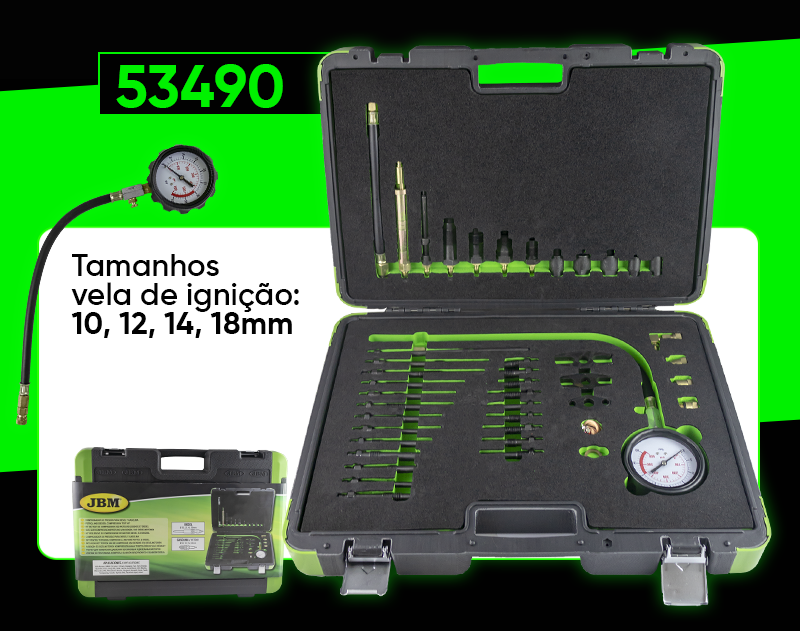 COMPROVADOR DE PRESSÃO DIESEL E GASOLINA 53490 Estojo preto com conjunto de ferramentas e manómetro marca JBM