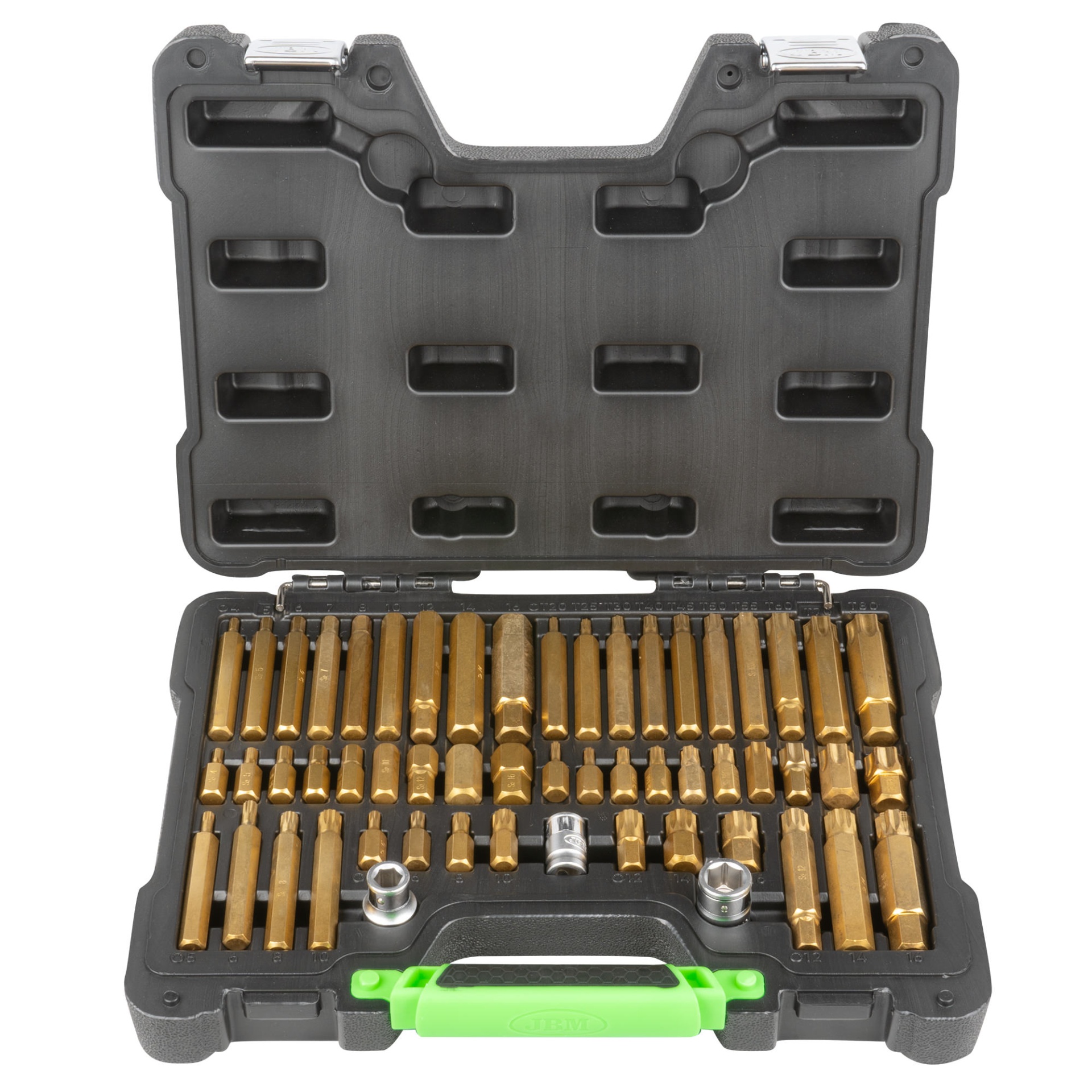 CAIXA FERRAMENTAS DE 55 PUNTAS S-2 HEAVY DUTY 52753 Conjunto de bit dourados em mala preta com pega verde