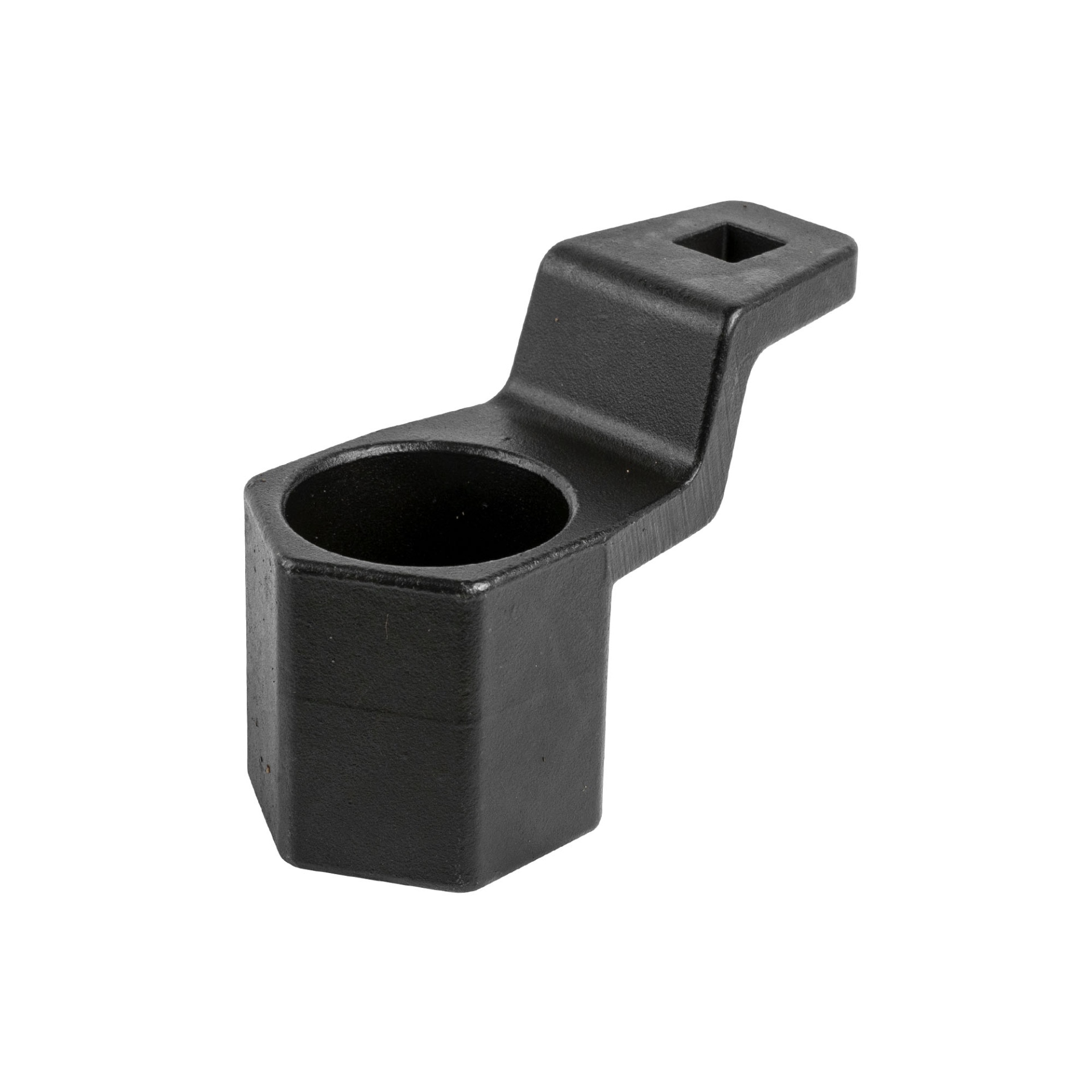 CHAVE PARA SEGURAR A POLIA DO VIRABREQUIM NOS MOTORES HONDA E ACURA - 1/2" | 54800 Peça de metal preta com base hexagonal e extensão retangular com orifício