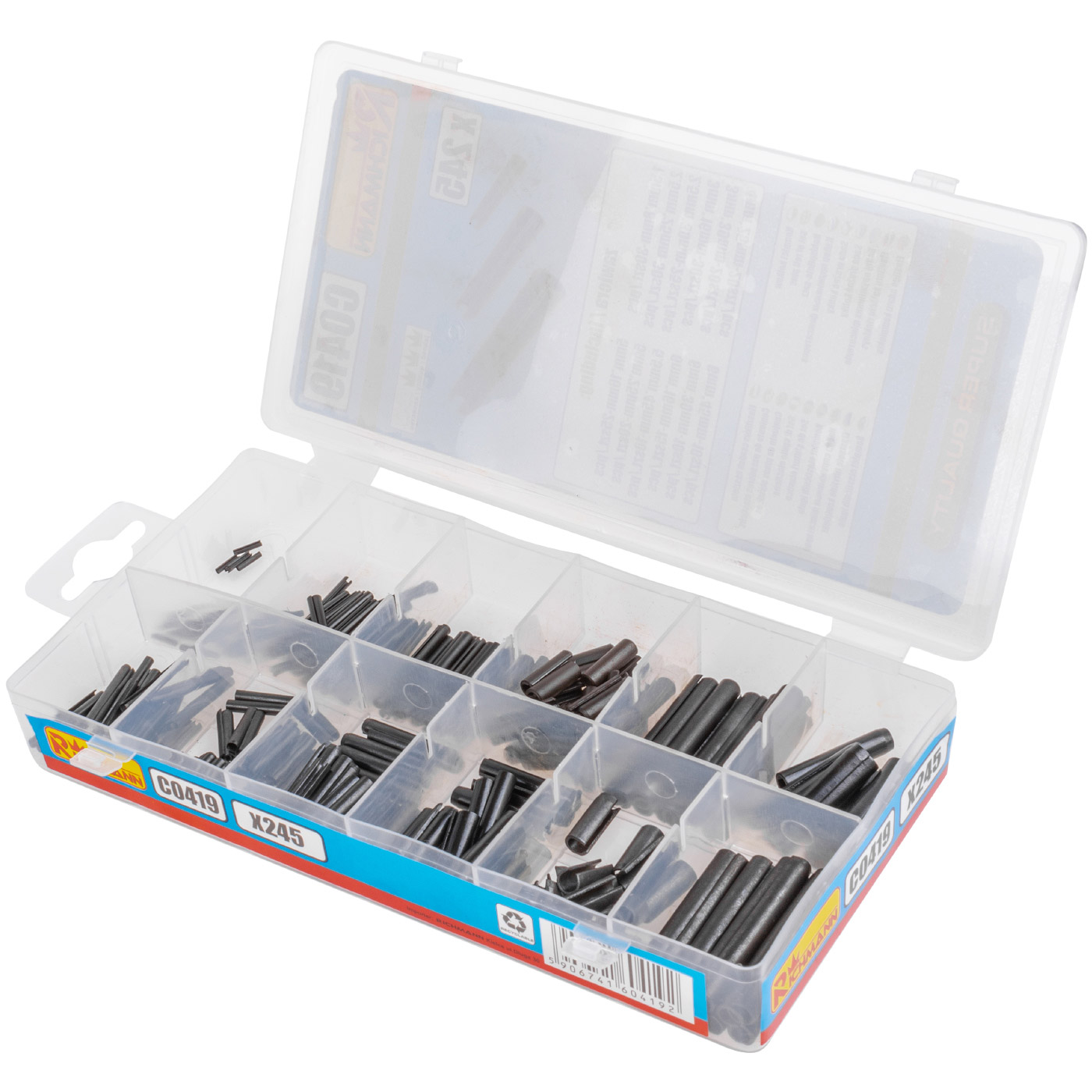 KIT DE CAVILHAS ELASTICAS RICHMANN C0419 Caixa plástica transparente com pinos e molas pretas para corrente
