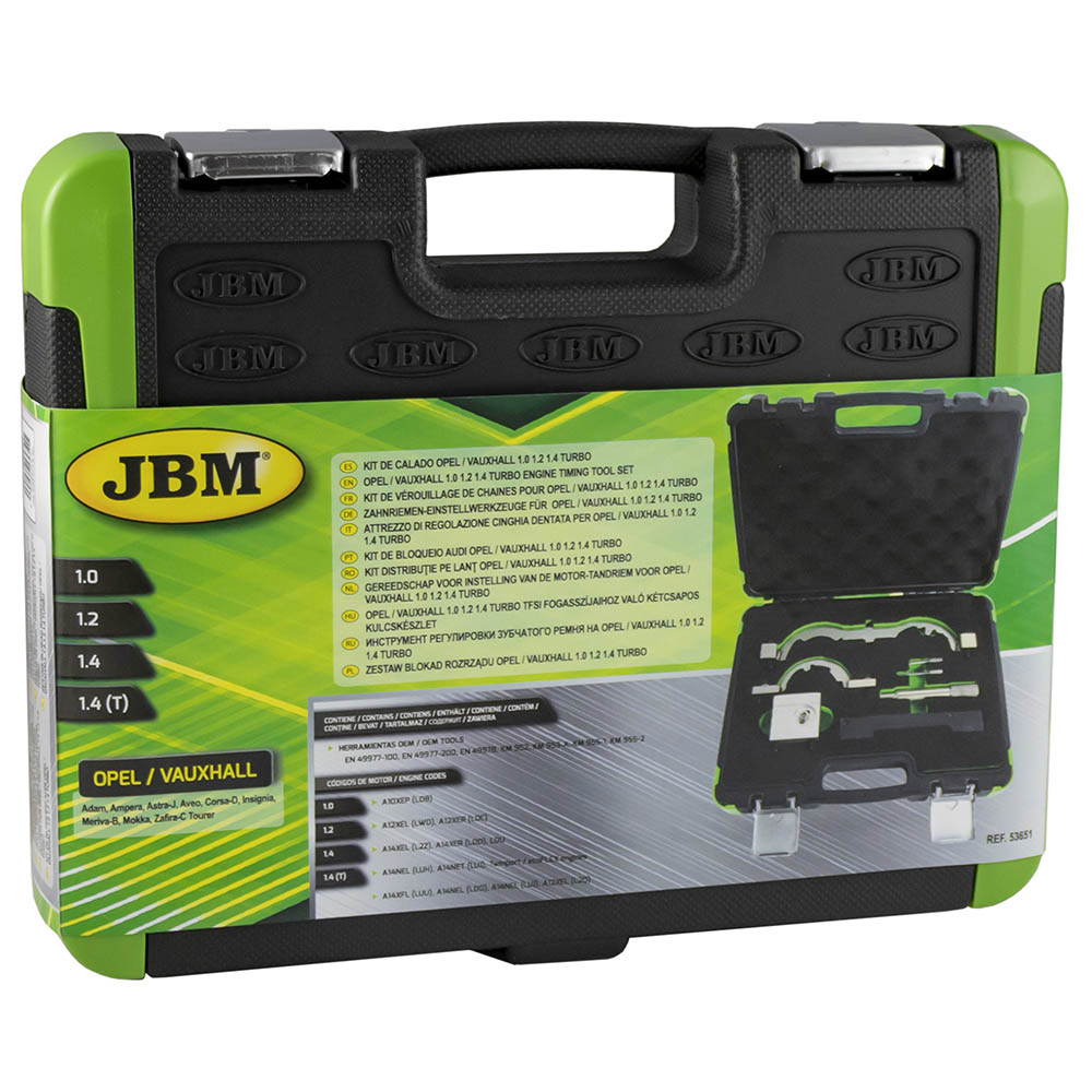 KIT DE BLOQUEIO AUDI / OPEL / VAUXHALL / 1.0 / 1.2 / 1.4 TURBO 53651 Mala negra e verde com kit de calado JBM e etiqueta com texto em várias línguas