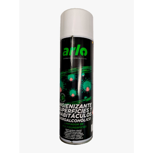 Higienizante multisuperficies e ar condicionado em spray 500ml ARLO Spray higienizante Arlo com tampa branca e rótulo preto com texto verde e branco