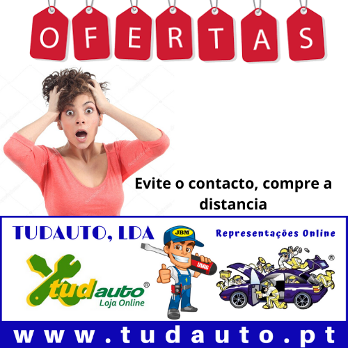 Anúncio de ofertas da loja online Tudauto com mulher surpresa e personagens de mecânico e carros animados