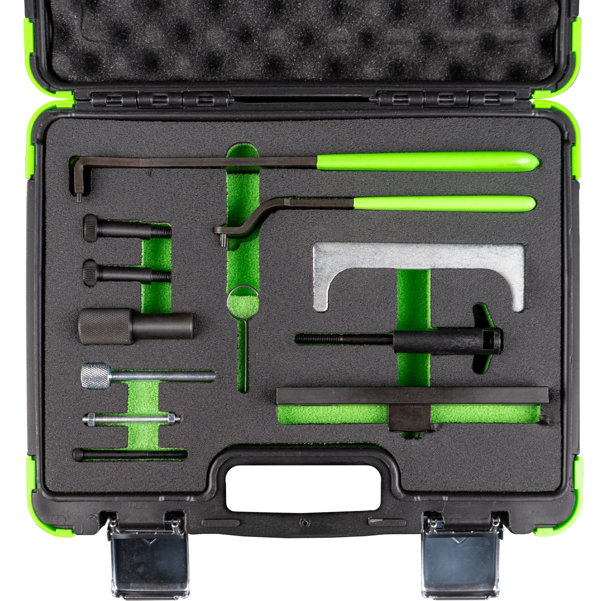 KIT BLOQUEIO VAG DIESEL 1.7, 1.9, SDI, TDI | 54408 Conjunto de ferramentas organizadas em estojo preto e verde