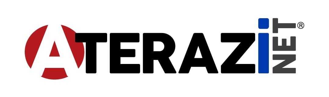 Logótipo da marca ATERAZI NET com destaque em vermelho e azul