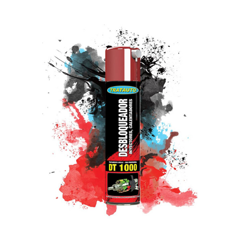 Frasco de spray desbloqueador Tratauto DT 1000 com fundo artístico em tinta