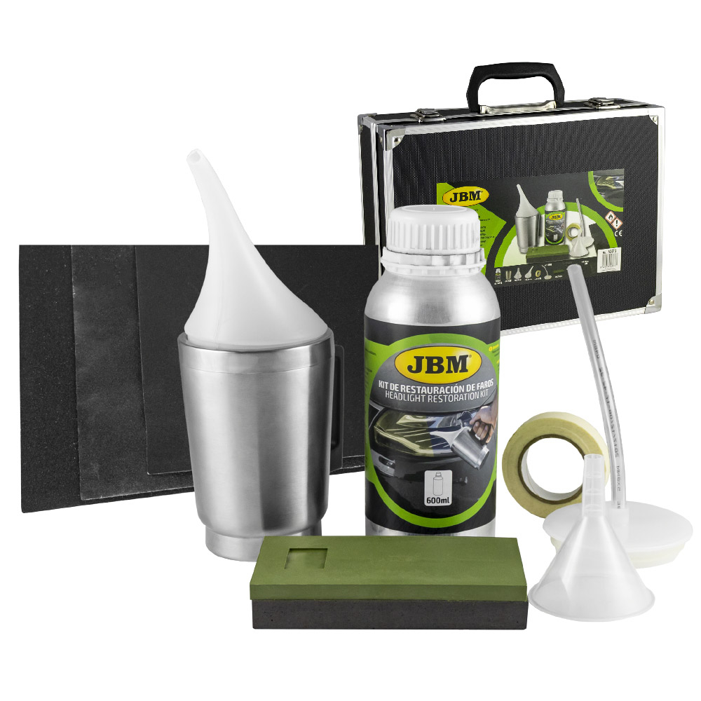 Kit de restauração de faróis com garrafa, funis, esponja e estojo preto