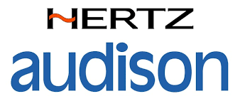 Logótipos 'HERTZ' e 'audison' em fundo branco