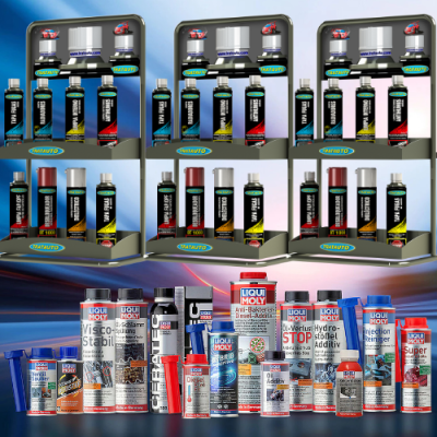Expositores com latas de produtos automotivos Liqui Moly variadas em latas metálicas coloridas