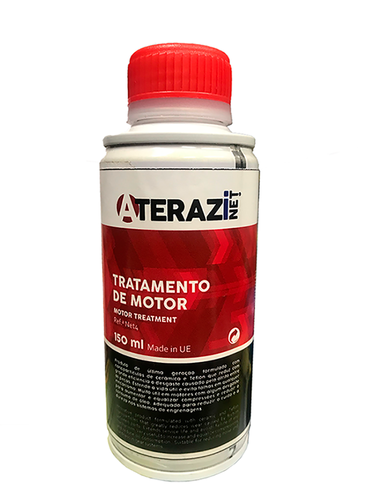 frasco branco com tampa vermelha e rótulo vermelho para tratamento de motor
