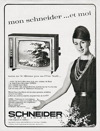 Publicidade vintage de televisão SCHNEIDER com mulher e texto em francês