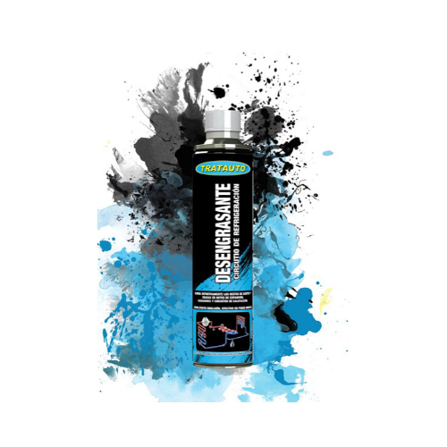 Frasco de desengrasante preto com tampa prateada e fundo azul e preto artístico