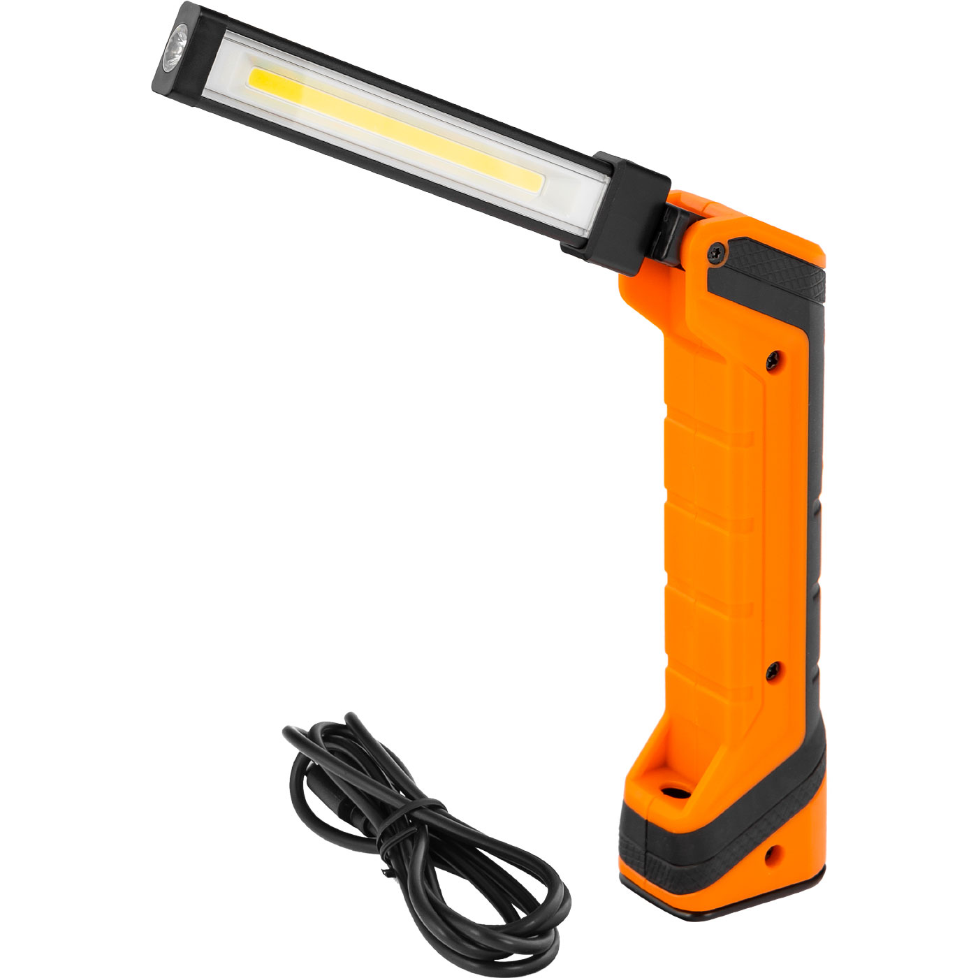 GAMBIARRA A BATERIA DOBRÁVEL 5W + 1W + UV | C6824 Lanterna de trabalho portátil laranja com luz LED e cabo preto.