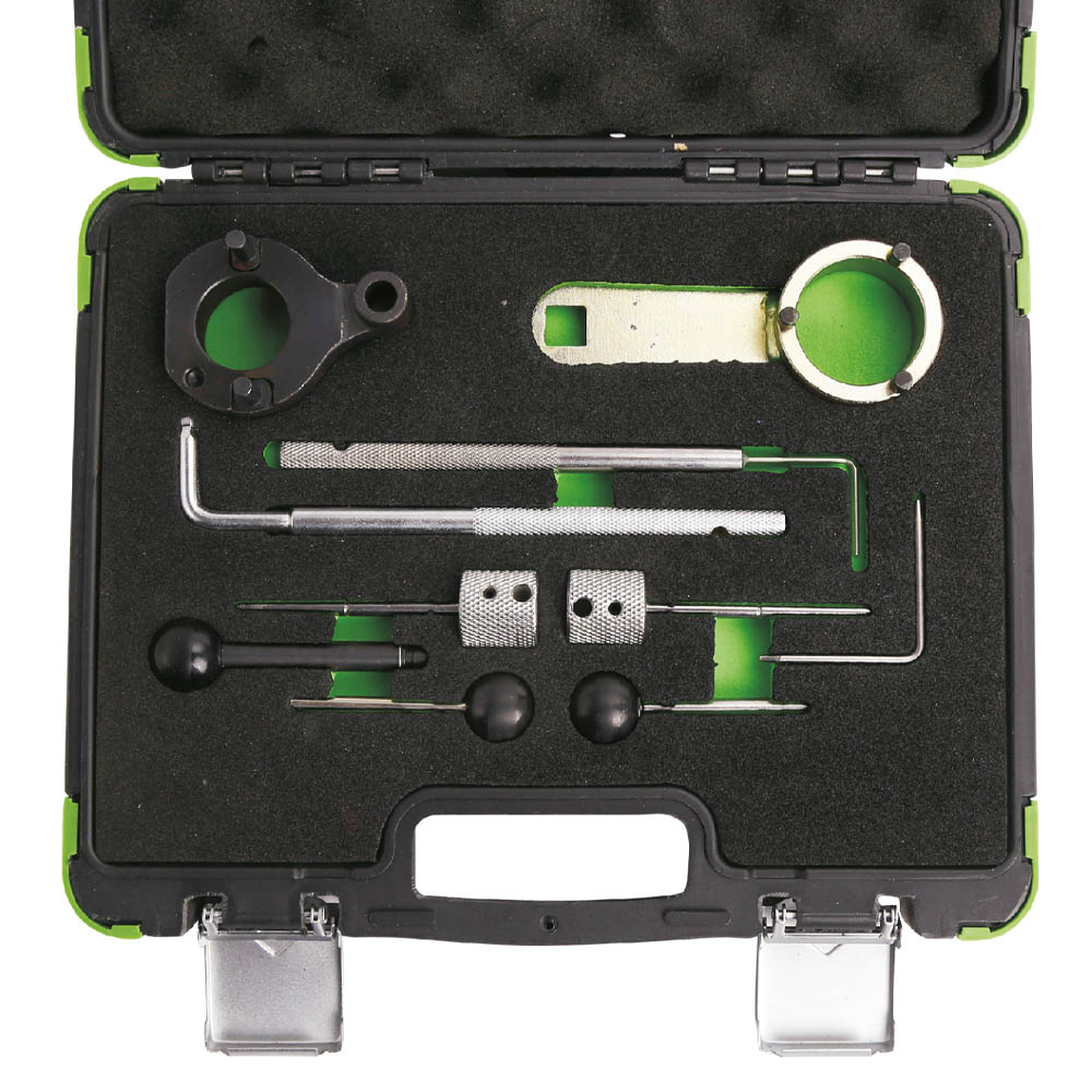 KIT ALINHAMENTO DO EIXO DE COMANDO VAG 1.4/1.6/2.0 TDI COM O SISTEMA COMMON RAIL 53706 Conjunto de ferramentas metálicas em estojo preto com espuma