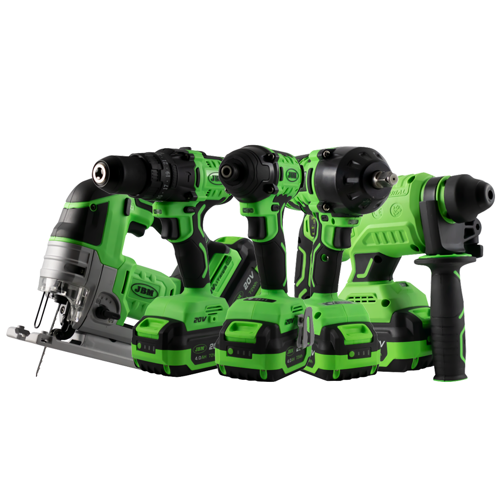 Conjunto de ferramentas elétricas verdes e pretas com baterias