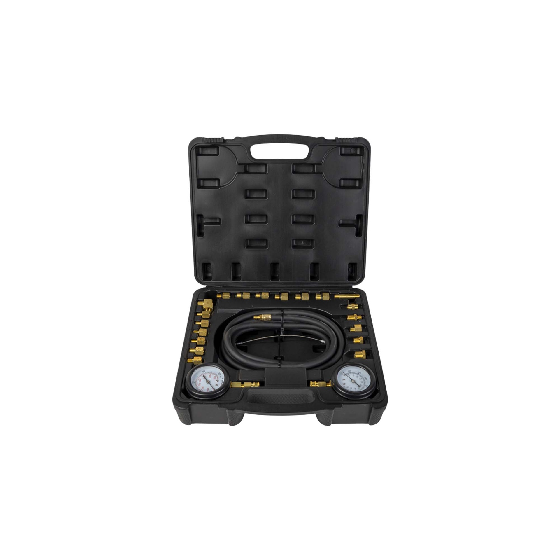 KIT TESTADOR DE PRESSÃO DE ÓLEO PROFISSIONAL | JBM 54956 Conjunto de ferramentas de teste de pressão com mangueira e manómetros num estojo preto