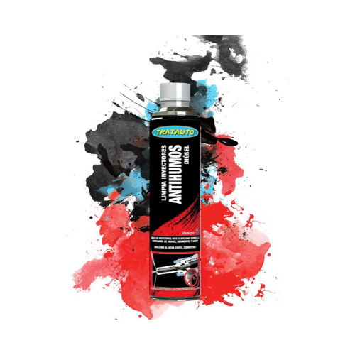 Frasco de limpa injetores antihumos diesel da marca Tratauto sobre fundo colorido abstrato.