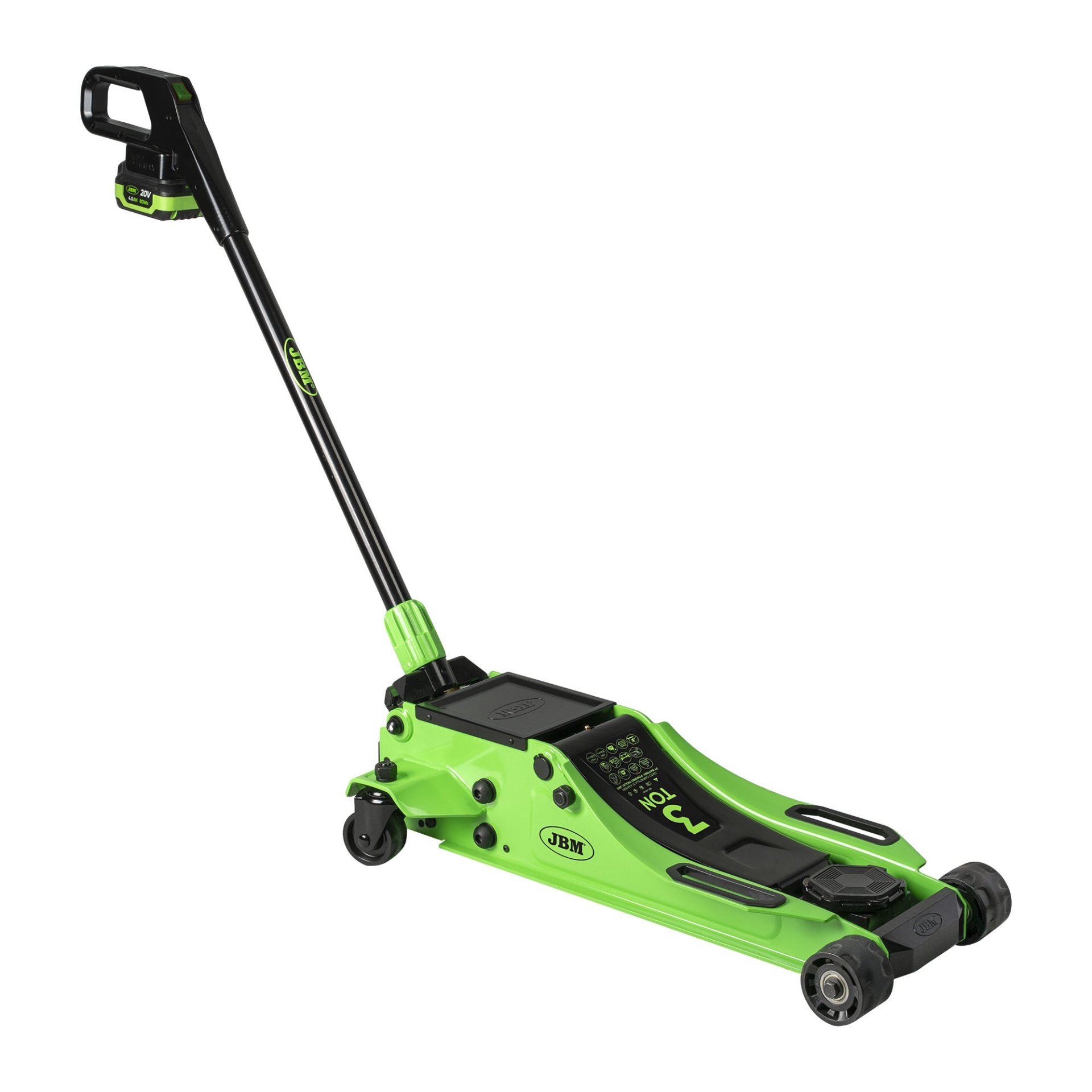 Macaco hidráulico de piso verde e preto com alavanca longa e rodas