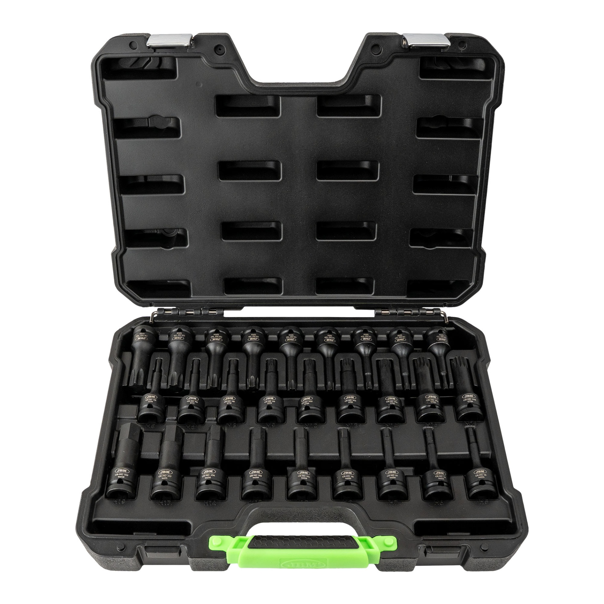 CAIXA COM 27 BROCAS DE IMPACTO VARIADAS | 54726 Conjunto de soquetes para carrinha em estojo preto com pega verde