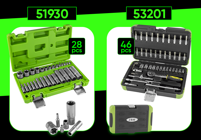 Conjuntos de ferramentas em caixas plásticas verde e preta com várias peças