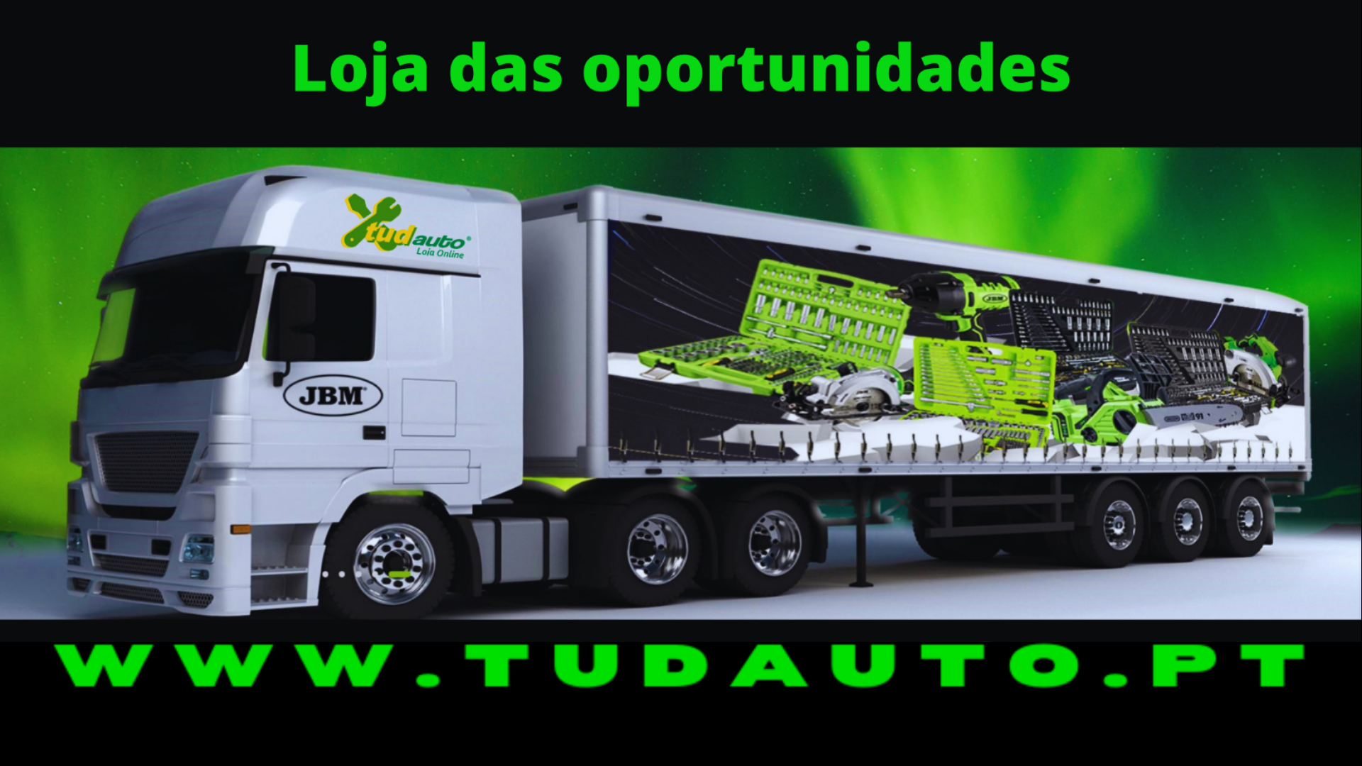 Camião branco com reboque decorado com ferramentas verdes e texto publicitário