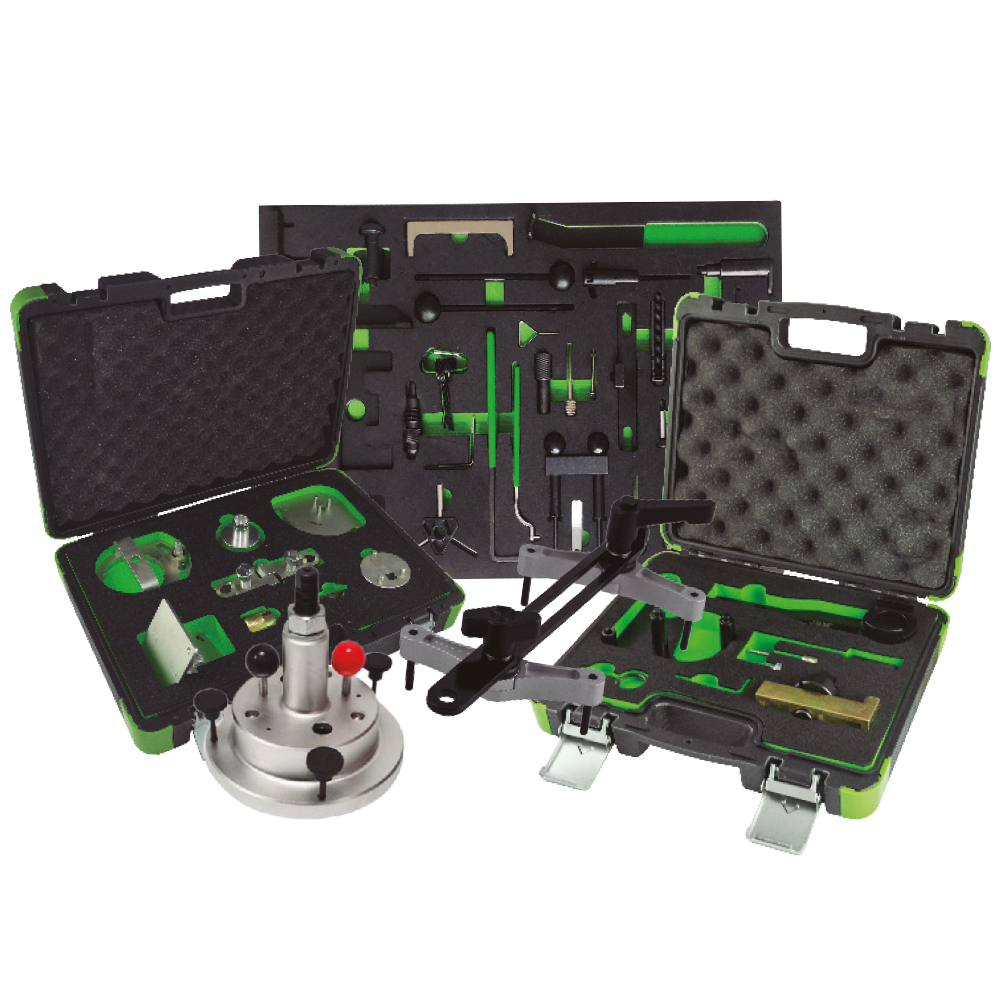 Conjunto de ferramentas técnicas organizadas em três malas com interior de esponja preta