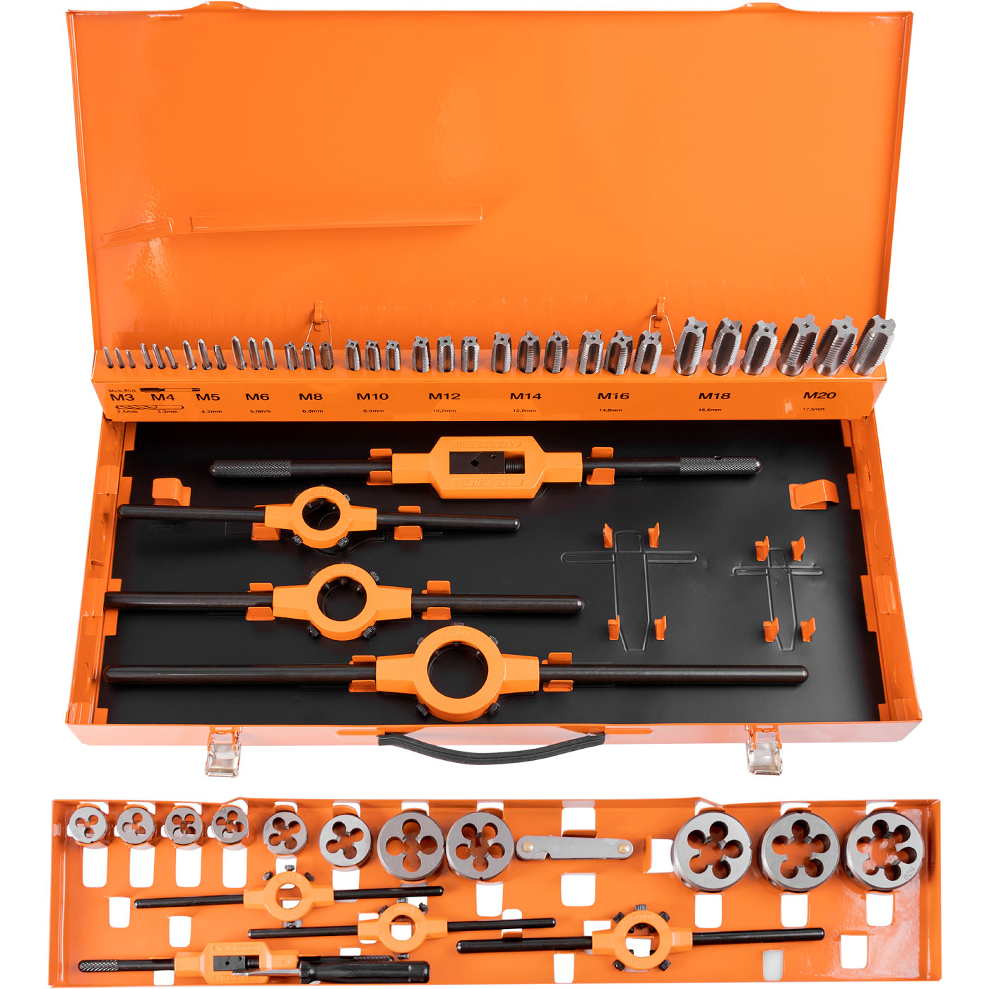 JOGO DE MACHOS E CAÇONETES RICHMANN C9183 Conjunto de ferramentas para roscar em estojo laranja com várias peças organizadas