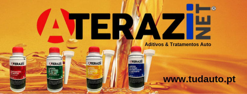 Frascos de aditivos automóveis TERAZI NET em várias cores com fundo amarelo alaranjado
