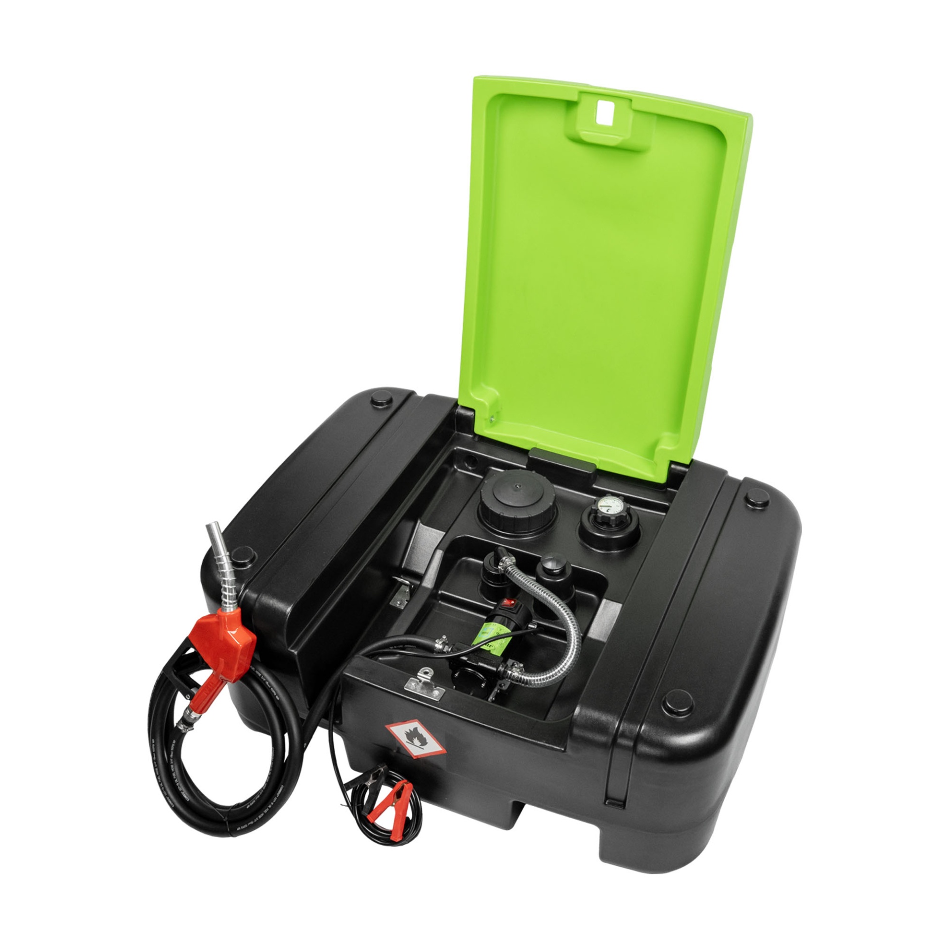 Bomba de combustível portátil preta com tampa verde aberta
