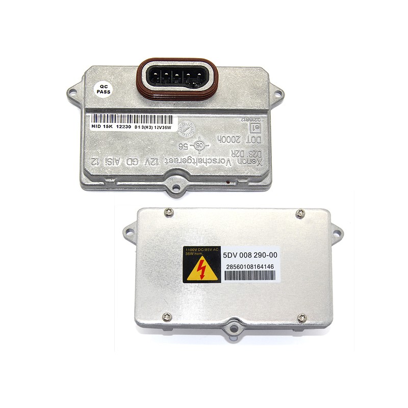 BALASTRO XENON OEM AUDI - MERCEDES - FORD - BMW - JAGUAR - LAND ROVER Módulo eletrónico retangular em metal com conetor e etiqueta de aviso