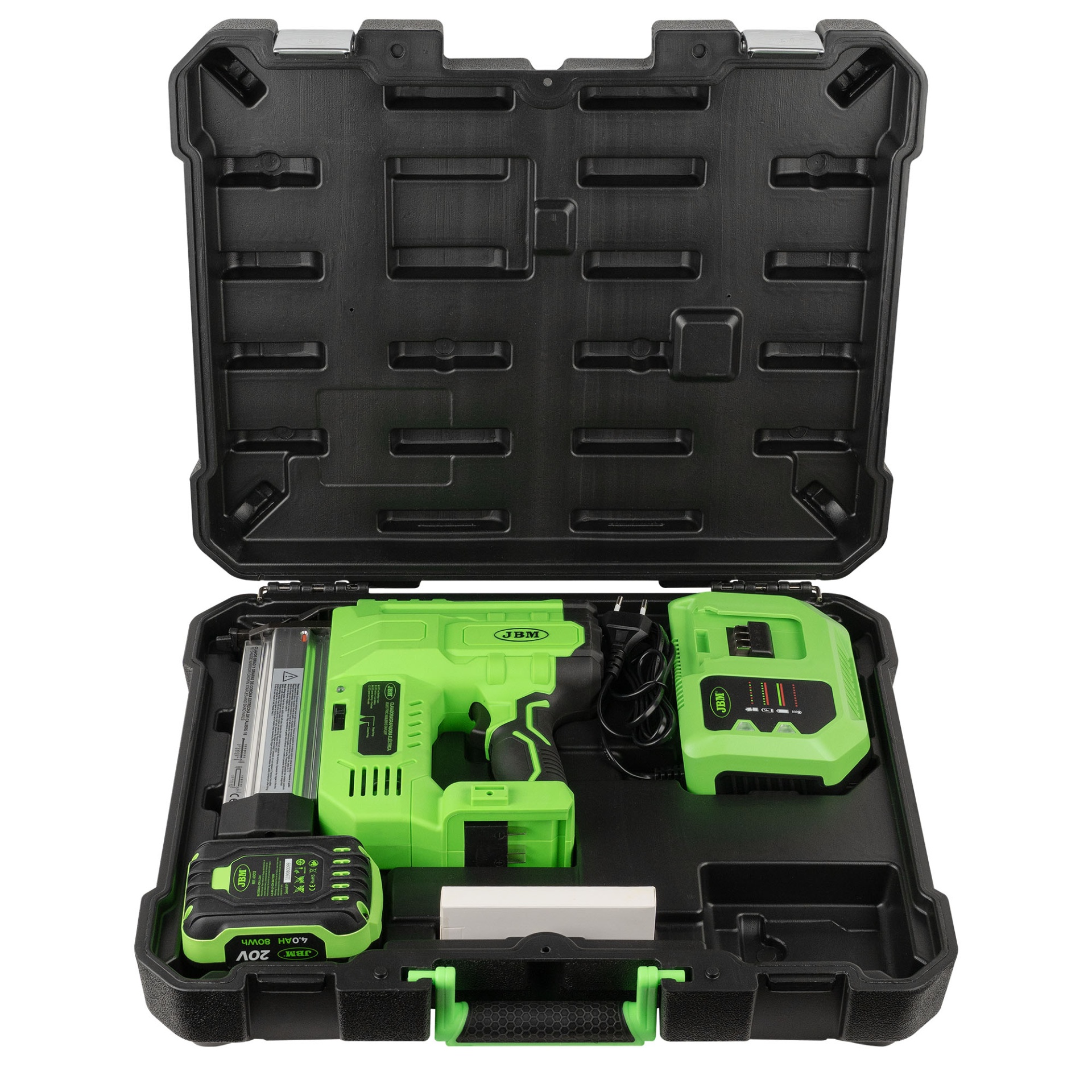 GRAMPEADOR ELÉTRICO COM CAIXA | 60037C Ferramenta elétrica verde e preta com carregador e bateria dentro de estojo preto